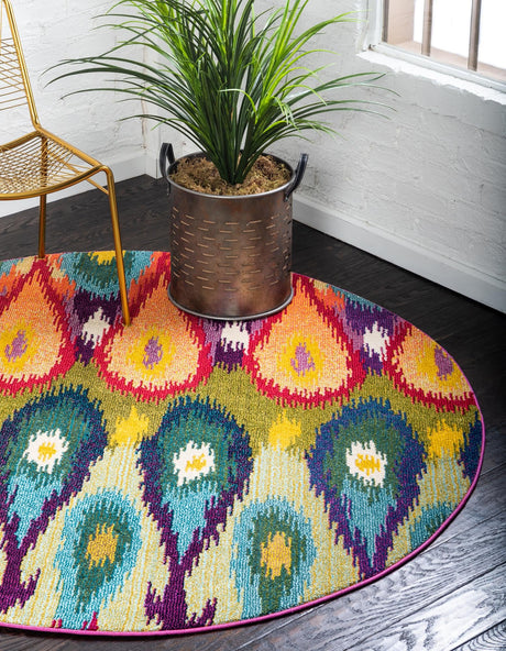 Multicolor 8' x 8' Estrella Round Area Rug 100% Polypropylene Non-Shedding Stain Resistant Carpet Colorful Modern Abstract Design Easy Clean for Home Decor for Sale at Rug Engine