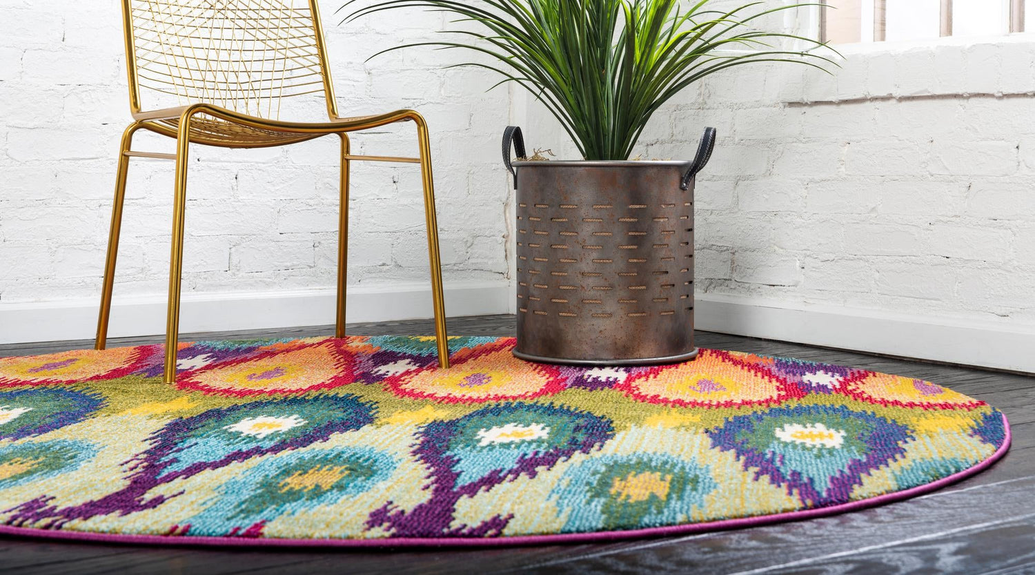 Multicolor 8' x 8' Estrella Round Area Rug 100% Polypropylene Non-Shedding Stain Resistant Carpet Colorful Modern Abstract Design Easy Clean for Home Decor for Sale at Rug Engine