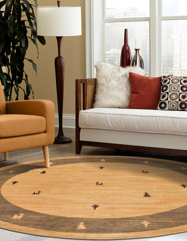 Tan 8' x 8' Fars Round Area Rug 100% Polypropylene Unique Traditional Carpet for Classical Living, Dining Room & Office Spaces for Sale at Rug Engine
