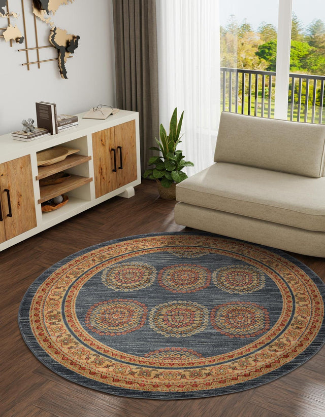 Blue 6' 1 x 6' 1 Fars Round Area Rug 100% Polypropylene Unique Traditional Carpet for Classical Living, Dining Room & Office Spaces for Sale at Rug Engine