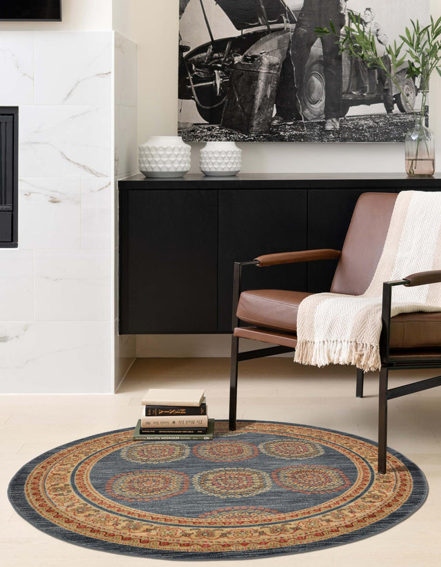 Blue 6' 1 x 6' 1 Fars Round Area Rug 100% Polypropylene Unique Traditional Carpet for Classical Living, Dining Room & Office Spaces for Sale at Rug Engine
