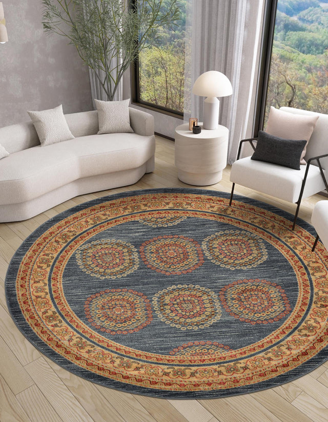 Blue 6' 1 x 6' 1 Fars Round Area Rug 100% Polypropylene Unique Traditional Carpet for Classical Living, Dining Room & Office Spaces for Sale at Rug Engine