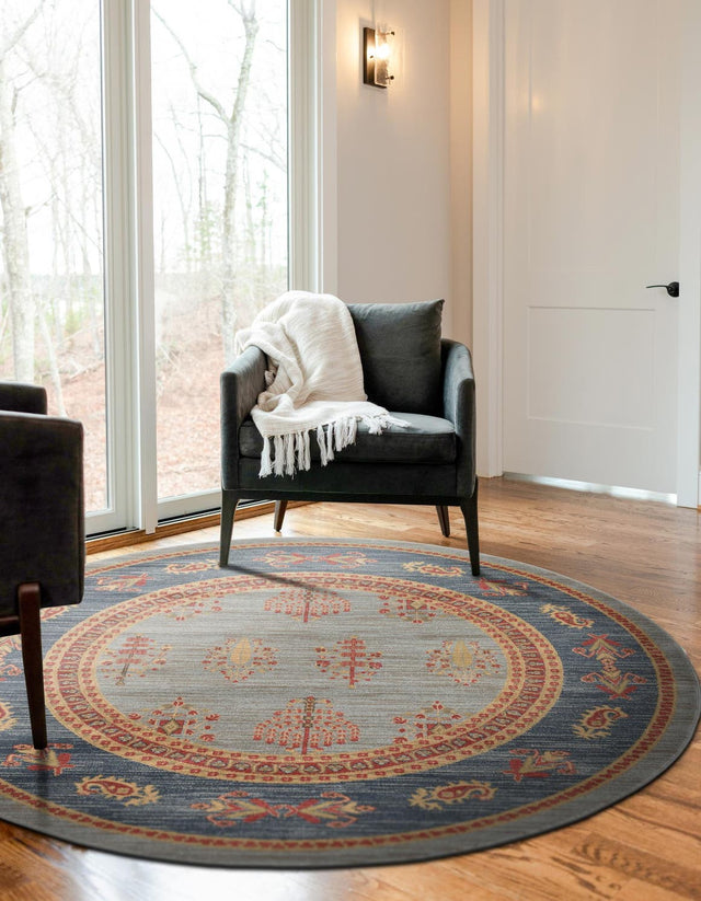 Light Blue 6' 1 x 6' 1 Fars Round Area Rug 100% Polypropylene Unique Traditional Carpet for Classical Living, Dining Room & Office Spaces for Sale at Rug Engine