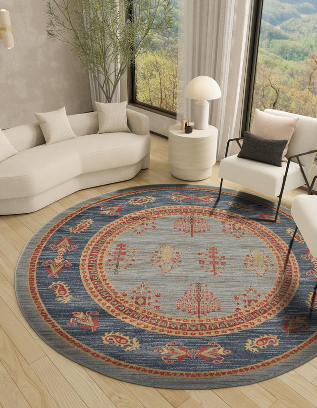 Light Blue 6' 1 x 6' 1 Fars Round Area Rug 100% Polypropylene Unique Traditional Carpet for Classical Living, Dining Room & Office Spaces for Sale at Rug Engine