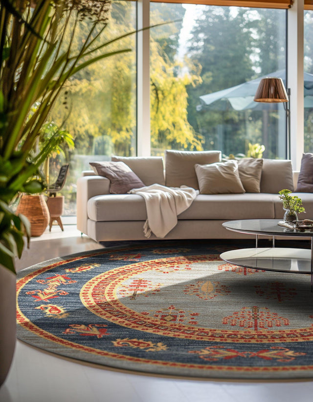 Light Blue 8' x 8' Fars Round Area Rug 100% Polypropylene Unique Traditional Carpet for Classical Living, Dining Room & Office Spaces for Sale at Rug Engine