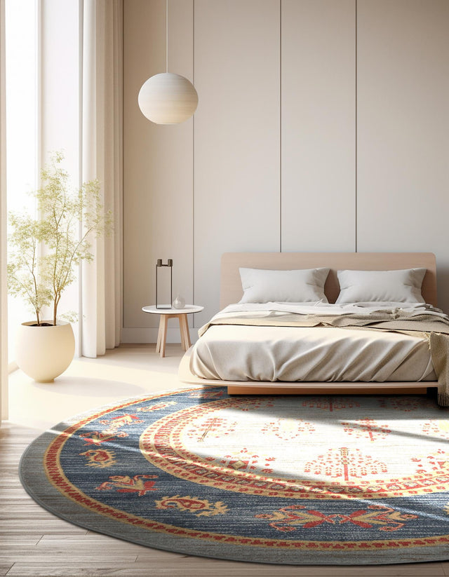 Light Blue 6' 1 x 6' 1 Fars Round Area Rug 100% Polypropylene Unique Traditional Carpet for Classical Living, Dining Room & Office Spaces for Sale at Rug Engine