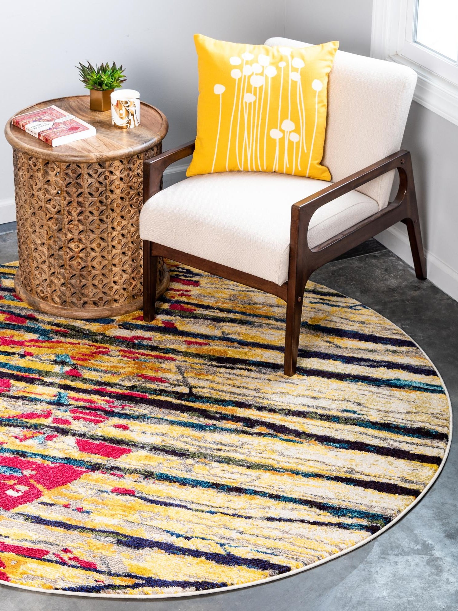 Yellow 8' x 8' Estrella Round Area Rug 100% Polypropylene Non-Shedding Stain Resistant Carpet Colorful Modern Abstract Design Easy Clean for Home Decor for Sale at Rug Engine