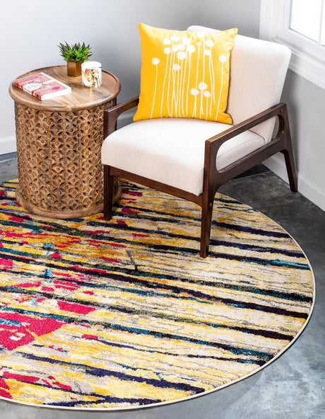 Yellow 8' x 8' Estrella Round Area Rug 100% Polypropylene Non-Shedding Stain Resistant Carpet Colorful Modern Abstract Design Easy Clean for Home Decor for Sale at Rug Engine
