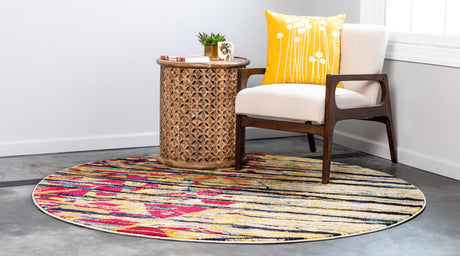 Yellow 8' x 8' Estrella Round Area Rug 100% Polypropylene Non-Shedding Stain Resistant Carpet Colorful Modern Abstract Design Easy Clean for Home Decor for Sale at Rug Engine
