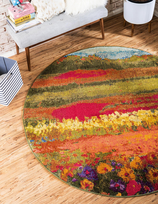 Multicolor 8' x 8' Estrella Round Area Rug 100% Polypropylene Non-Shedding Stain Resistant Carpet Colorful Modern Abstract Design Easy Clean for Home Decor for Sale at Rug Engine