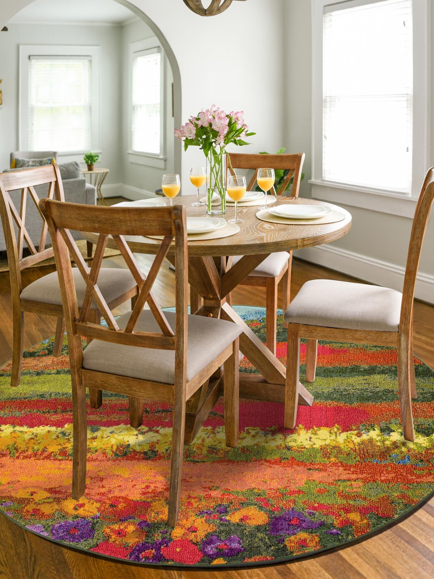 Multicolor 8' x 8' Estrella Round Area Rug 100% Polypropylene Non-Shedding Stain Resistant Carpet Colorful Modern Abstract Design Easy Clean for Home Decor for Sale at Rug Engine