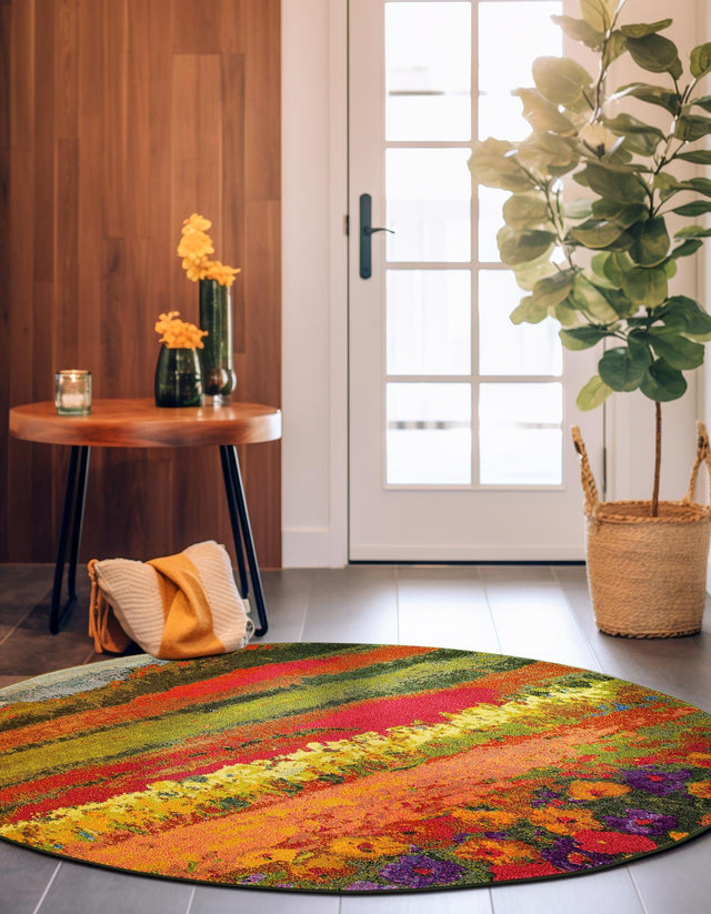 Multicolor 8' x 8' Estrella Round Area Rug 100% Polypropylene Non-Shedding Stain Resistant Carpet Colorful Modern Abstract Design Easy Clean for Home Decor for Sale at Rug Engine