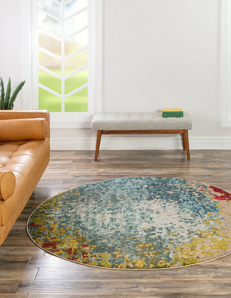 Blue 6' 1 x 6' 1 Estrella Round Area Rug 100% Polypropylene Non-Shedding Stain Resistant Carpet Colorful Modern Abstract Design Easy Clean for Home Decor for Sale at Rug Engine