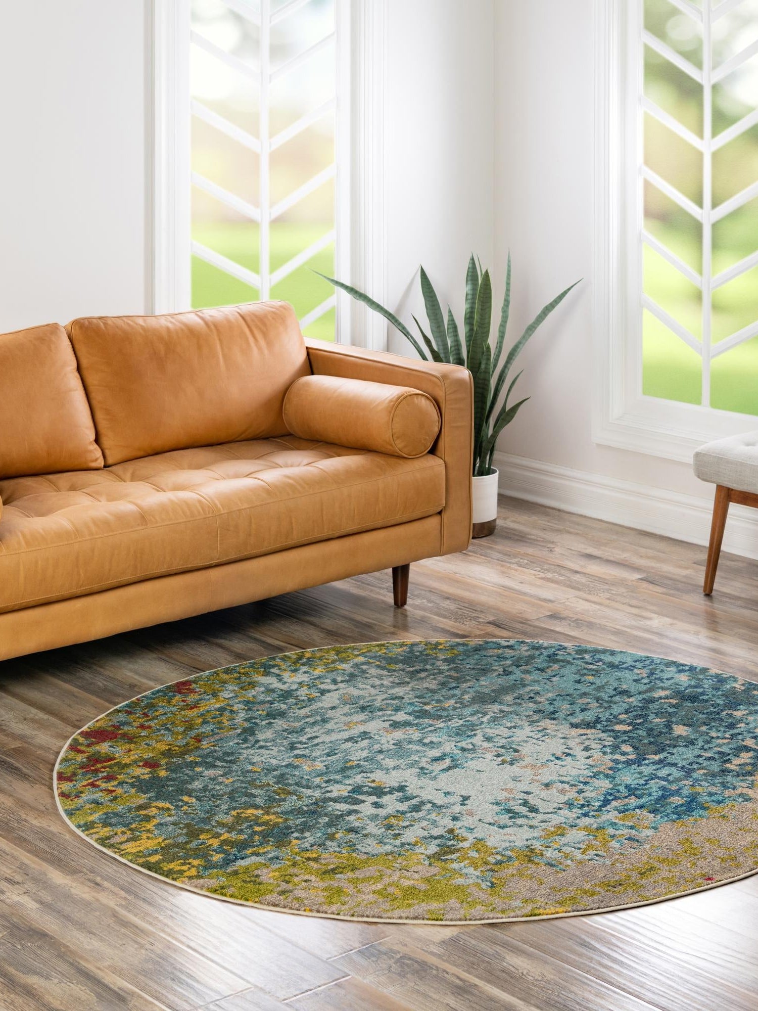 Blue 8' x 8' Estrella Round Area Rug 100% Polypropylene Non-Shedding Stain Resistant Carpet Colorful Modern Abstract Design Easy Clean for Home Decor for Sale at Rug Engine