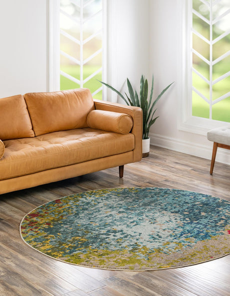 Blue 8' x 8' Estrella Round Area Rug 100% Polypropylene Non-Shedding Stain Resistant Carpet Colorful Modern Abstract Design Easy Clean for Home Decor for Sale at Rug Engine