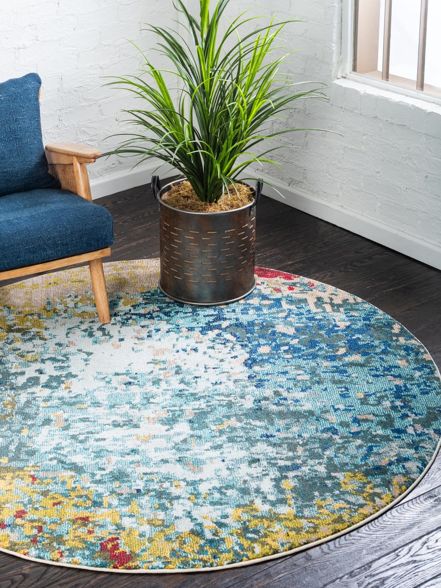 Blue 8' x 8' Estrella Round Area Rug 100% Polypropylene Non-Shedding Stain Resistant Carpet Colorful Modern Abstract Design Easy Clean for Home Decor for Sale at Rug Engine