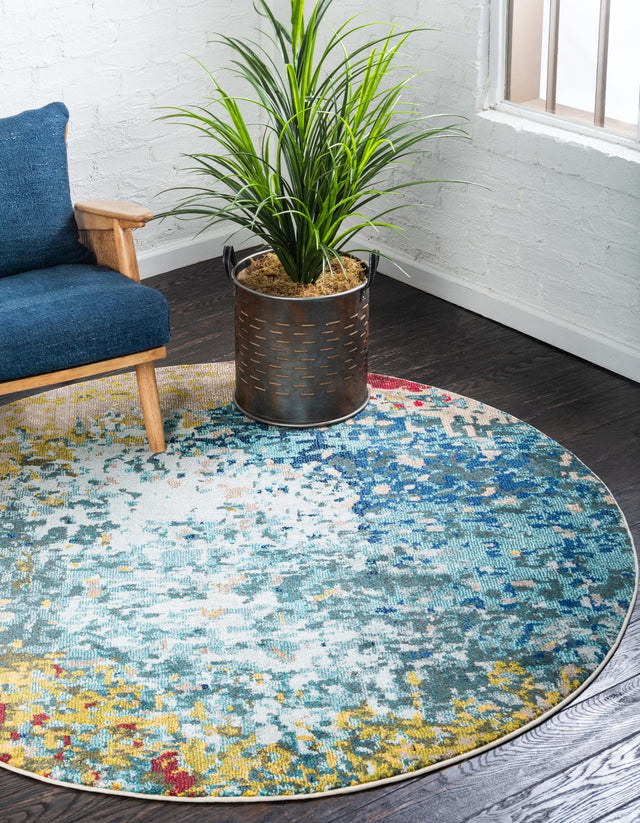 Blue 8' x 8' Estrella Round Area Rug 100% Polypropylene Non-Shedding Stain Resistant Carpet Colorful Modern Abstract Design Easy Clean for Home Decor for Sale at Rug Engine