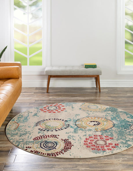 Beige 8' x 8' Estrella Round Area Rug 100% Polypropylene Non-Shedding Stain Resistant Carpet Colorful Modern Abstract Design Easy Clean for Home Decor for Sale at Rug Engine