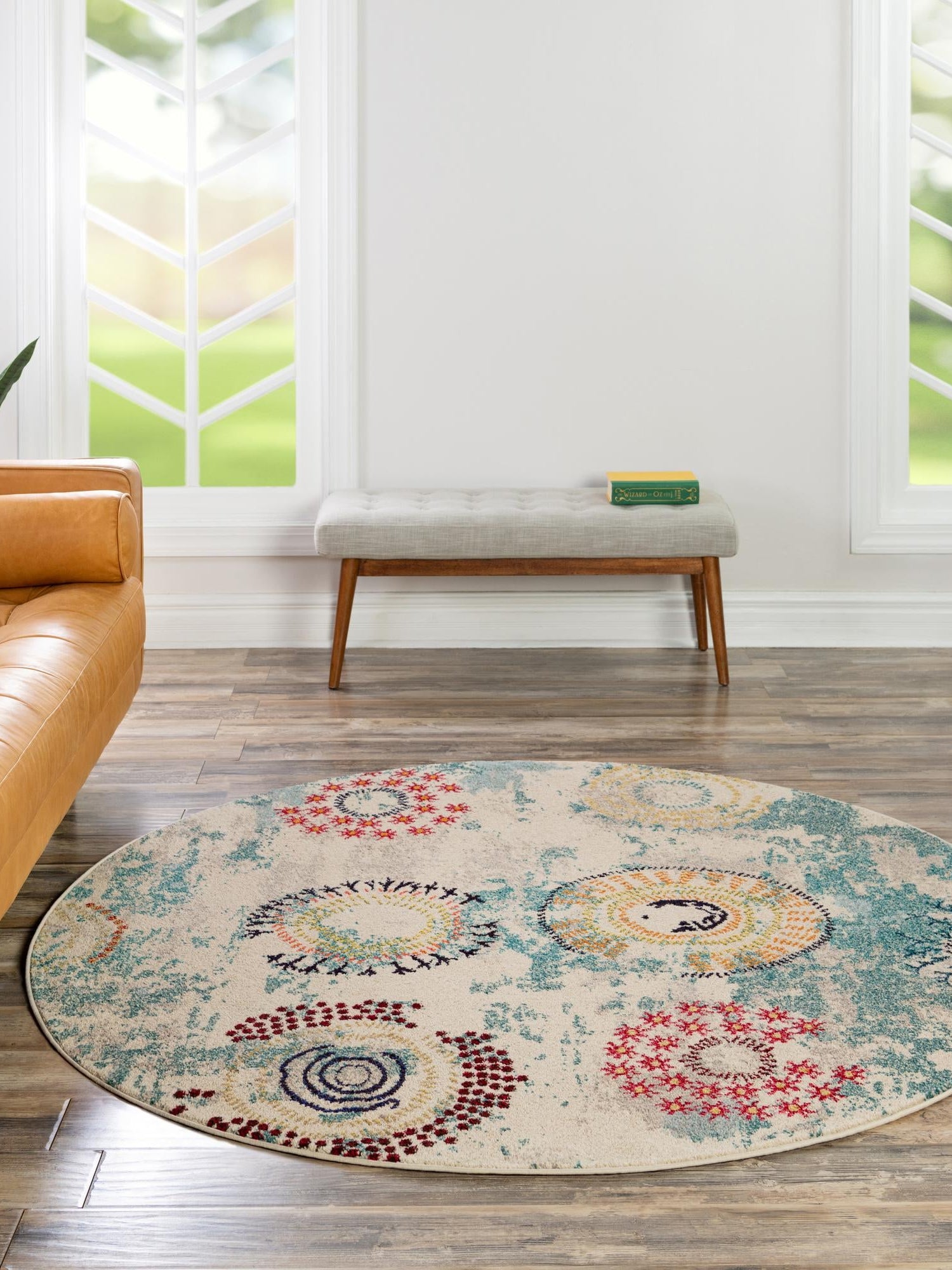 Beige 6' 1 x 6' 1 Estrella Round Area Rug 100% Polypropylene Non-Shedding Stain Resistant Carpet Colorful Modern Abstract Design Easy Clean for Home Decor for Sale at Rug Engine