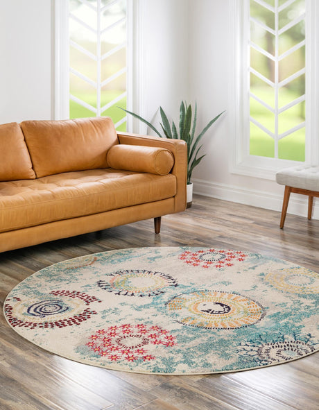 Beige 6' 1 x 6' 1 Estrella Round Area Rug 100% Polypropylene Non-Shedding Stain Resistant Carpet Colorful Modern Abstract Design Easy Clean for Home Decor for Sale at Rug Engine