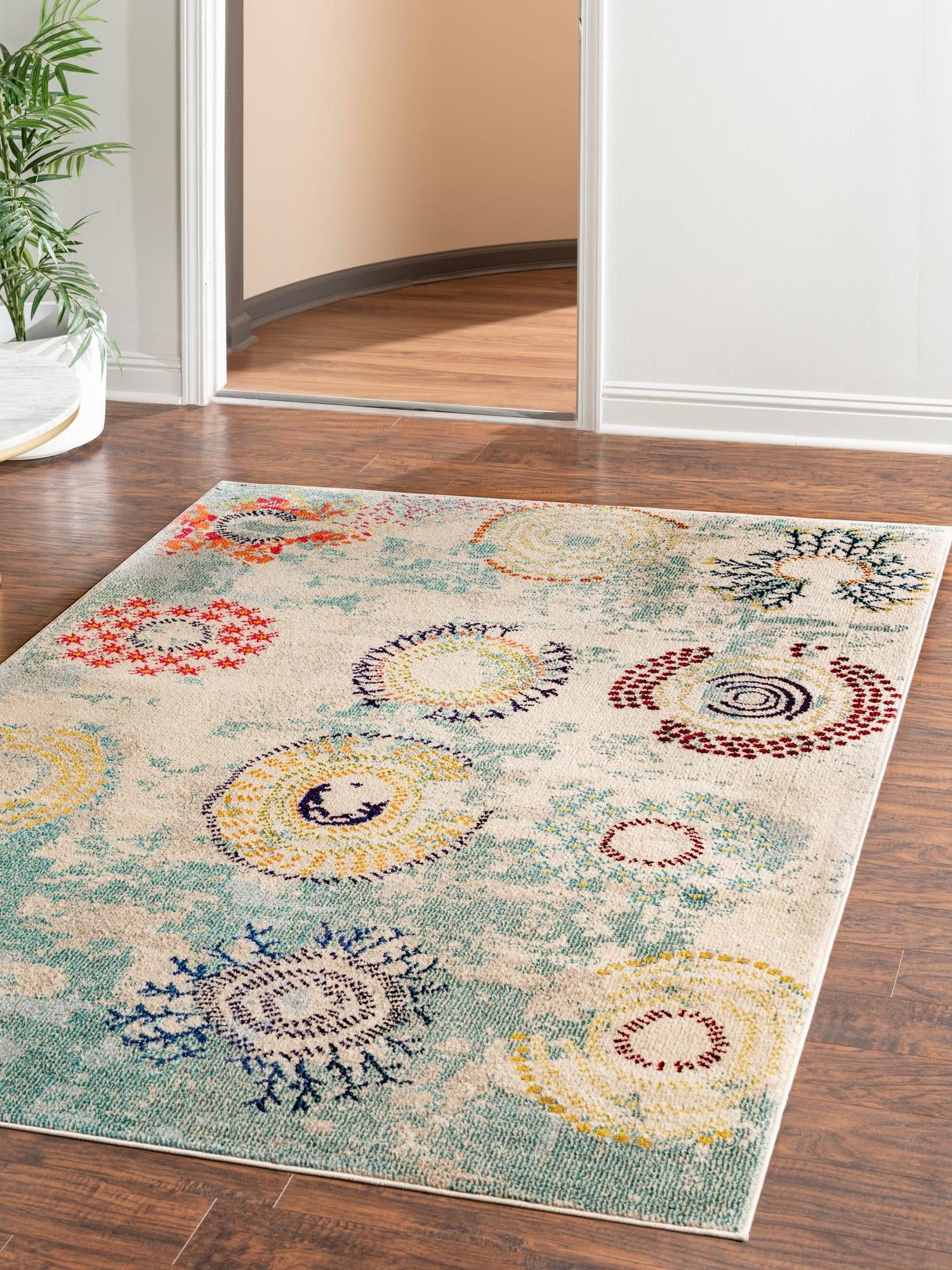 Beige 7' 1 x 10' Estrella Rectangle Area Rug 100% Polypropylene Non-Shedding Stain Resistant Carpet Colorful Modern Abstract Design Easy Clean for Home Decor for Sale at Rug Engine