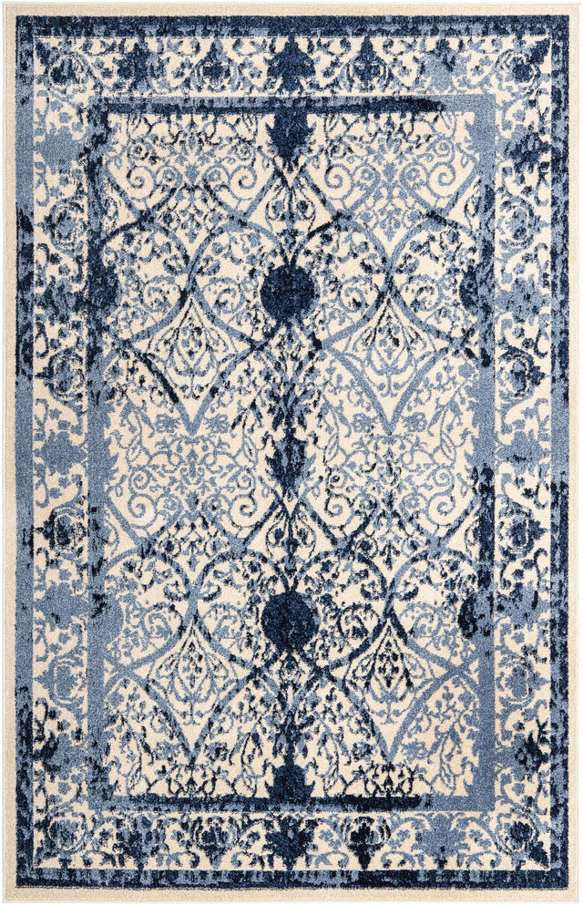 Ivory and Blue 6' 1 x 9' La Jolla Rectangle Area Rug 100% Polypropylene Traditional Pattern Easy Clean Carpet for Living, Dining, Bedroom, Office for Sale at Rug Engine