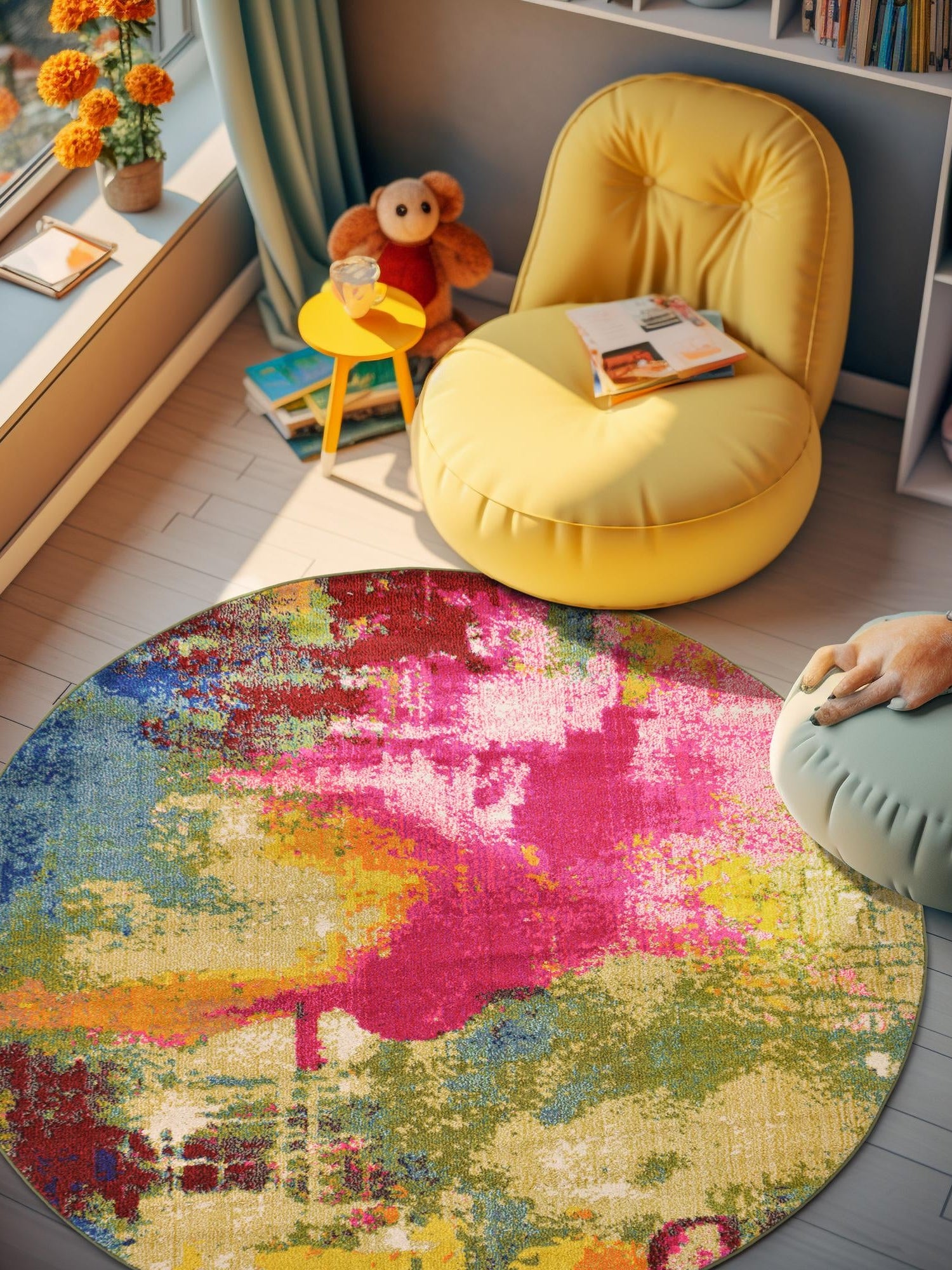 Multicolor 7' 10 x 7' 10 Estrella Round Area Rug 100% Polypropylene Non-Shedding Stain Resistant Carpet Colorful Modern Abstract Design Easy Clean for Home Decor for Sale at Rug Engine