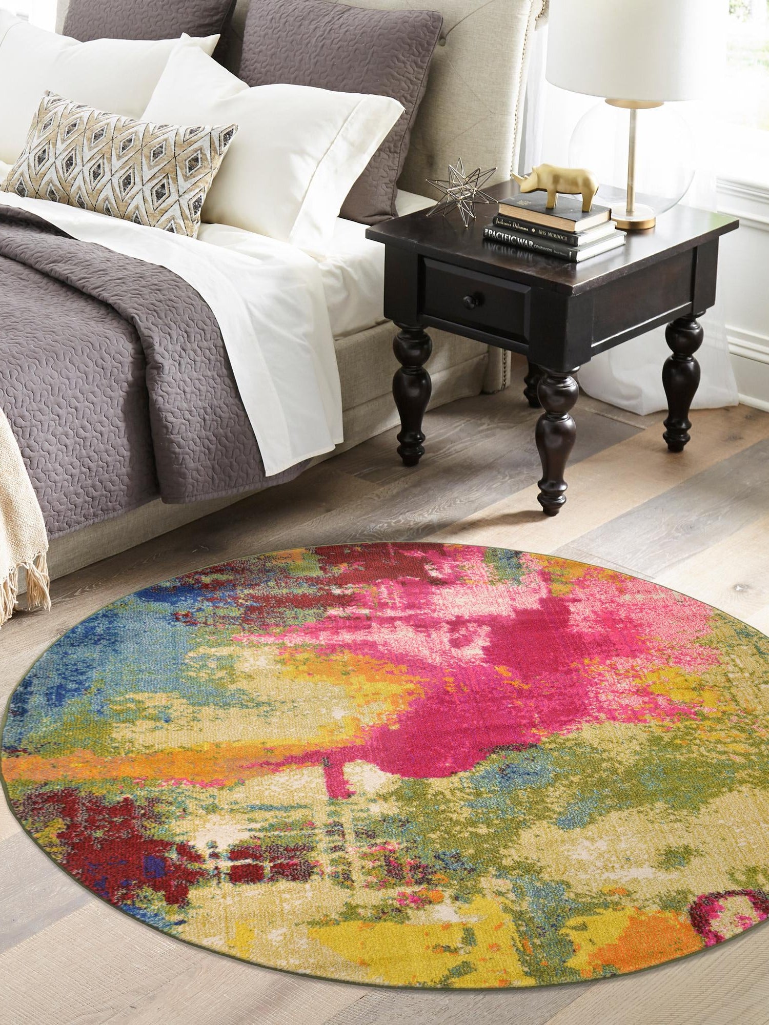Multicolor 7' 10 x 7' 10 Estrella Round Area Rug 100% Polypropylene Non-Shedding Stain Resistant Carpet Colorful Modern Abstract Design Easy Clean for Home Decor for Sale at Rug Engine