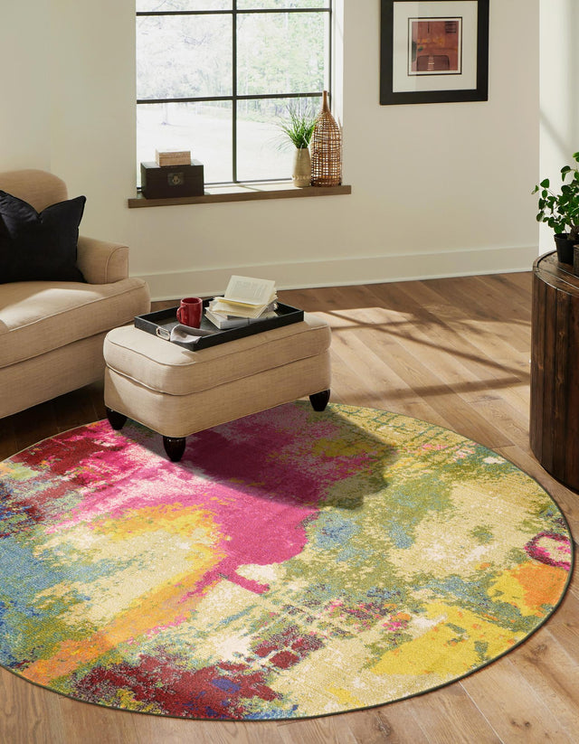 Multicolor 6' 1 x 6' 1 Estrella Round Area Rug 100% Polypropylene Non-Shedding Stain Resistant Carpet Colorful Modern Abstract Design Easy Clean for Home Decor for Sale at Rug Engine