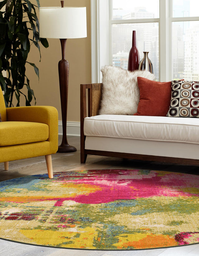 Multicolor 7' 10 x 7' 10 Estrella Round Area Rug 100% Polypropylene Non-Shedding Stain Resistant Carpet Colorful Modern Abstract Design Easy Clean for Home Decor for Sale at Rug Engine