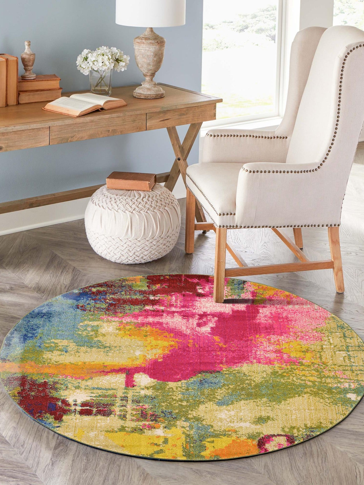 Multicolor 7' 10 x 7' 10 Estrella Round Area Rug 100% Polypropylene Non-Shedding Stain Resistant Carpet Colorful Modern Abstract Design Easy Clean for Home Decor for Sale at Rug Engine