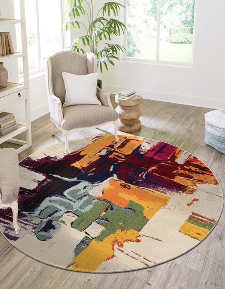 Beige 6' 1 x 6' 1 Estrella Round Area Rug 100% Polypropylene Non-Shedding Stain Resistant Carpet Colorful Modern Abstract Design Easy Clean for Home Decor for Sale at Rug Engine
