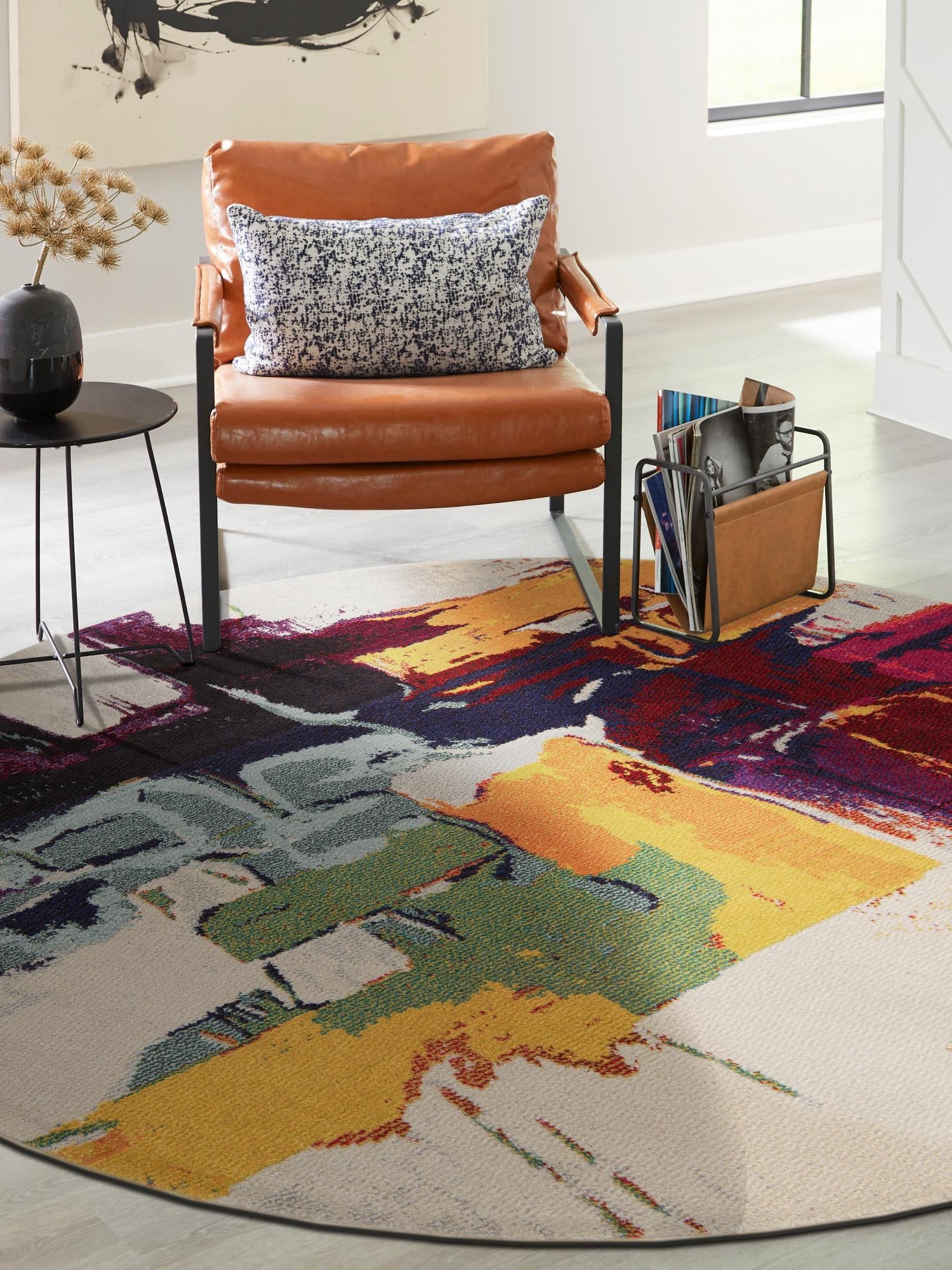 Beige 6' 1 x 6' 1 Estrella Round Area Rug 100% Polypropylene Non-Shedding Stain Resistant Carpet Colorful Modern Abstract Design Easy Clean for Home Decor for Sale at Rug Engine