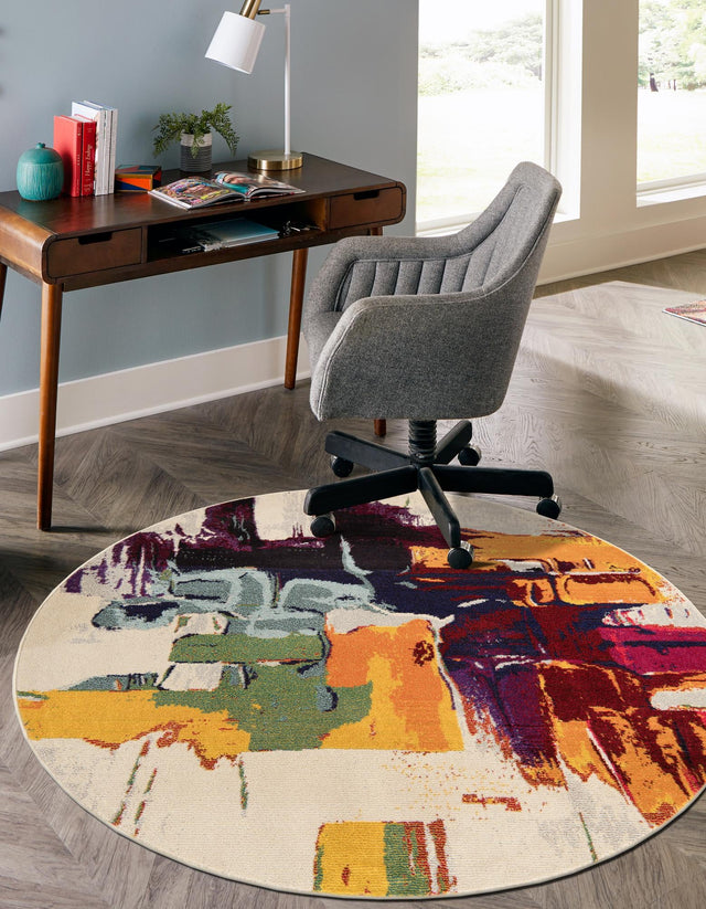 Beige 8' x 8' Estrella Round Area Rug 100% Polypropylene Non-Shedding Stain Resistant Carpet Colorful Modern Abstract Design Easy Clean for Home Decor for Sale at Rug Engine