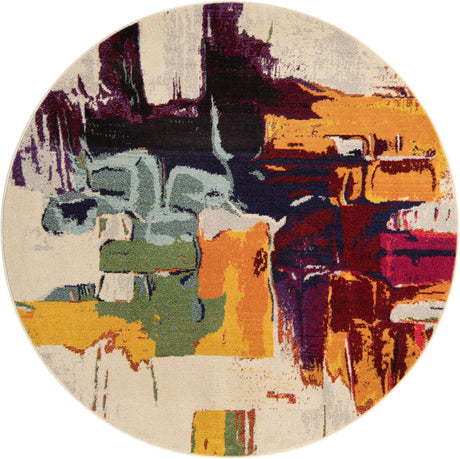 Beige 6' 1 x 6' 1 Estrella Round Area Rug 100% Polypropylene Non-Shedding Stain Resistant Carpet Colorful Modern Abstract Design Easy Clean for Home Decor for Sale at Rug Engine