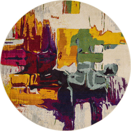 Beige 8' x 8' Estrella Round Area Rug 100% Polypropylene Non-Shedding Stain Resistant Carpet Colorful Modern Abstract Design Easy Clean for Home Decor for Sale at Rug Engine