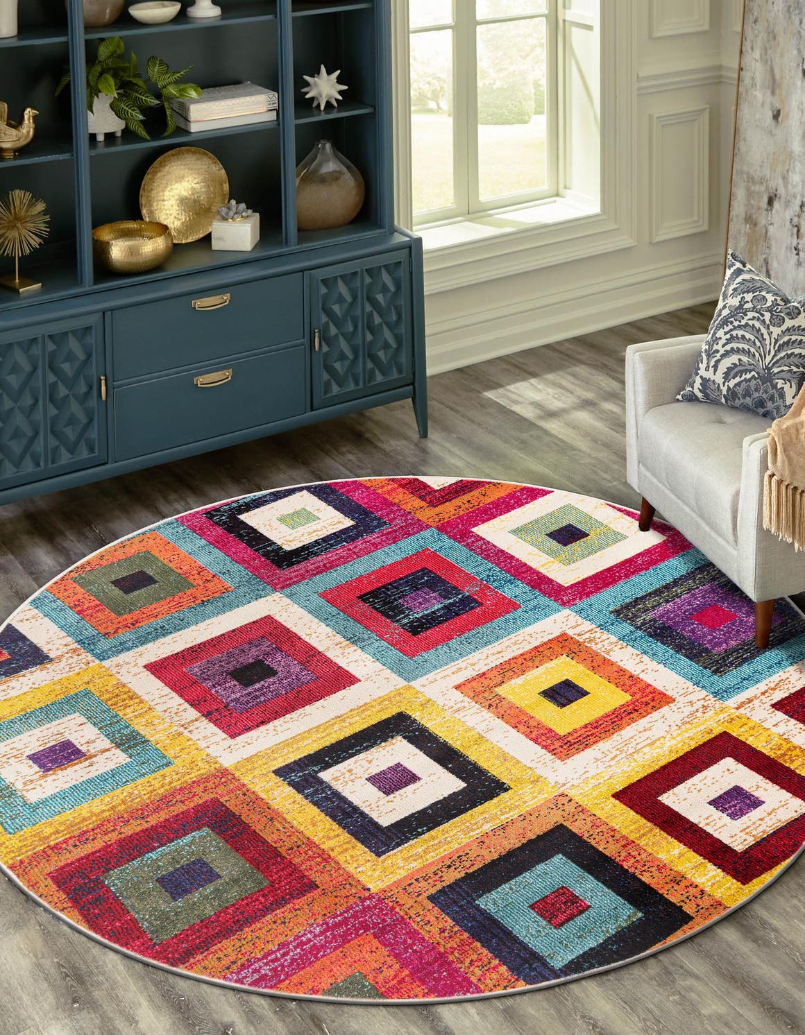 Multicolor 8' x 8' Estrella Round Area Rug 100% Polypropylene Non-Shedding Stain Resistant Carpet Colorful Modern Abstract Design Easy Clean for Home Decor for Sale at Rug Engine