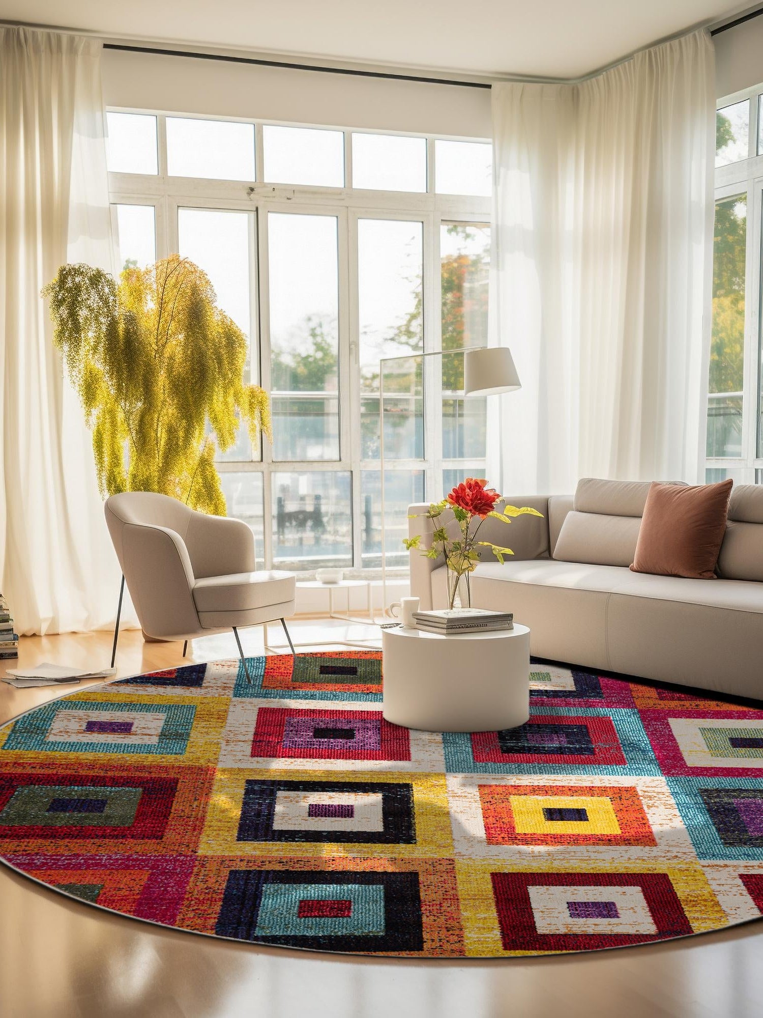 Multicolor 6' 1 x 6' 1 Estrella Round Area Rug 100% Polypropylene Non-Shedding Stain Resistant Carpet Colorful Modern Abstract Design Easy Clean for Home Decor for Sale at Rug Engine