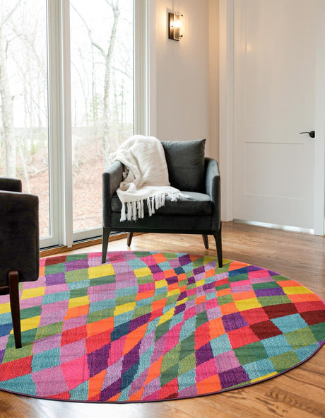 Multicolor 8' x 8' Estrella Round Area Rug 100% Polypropylene Non-Shedding Stain Resistant Carpet Colorful Modern Abstract Design Easy Clean for Home Decor for Sale at Rug Engine