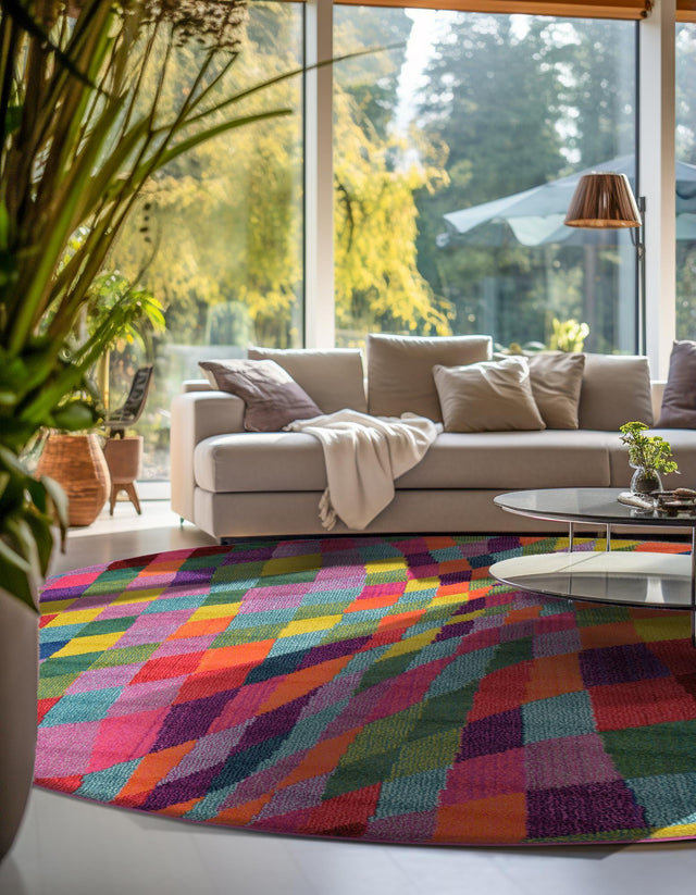 Multicolor 8' x 8' Estrella Round Area Rug 100% Polypropylene Non-Shedding Stain Resistant Carpet Colorful Modern Abstract Design Easy Clean for Home Decor for Sale at Rug Engine
