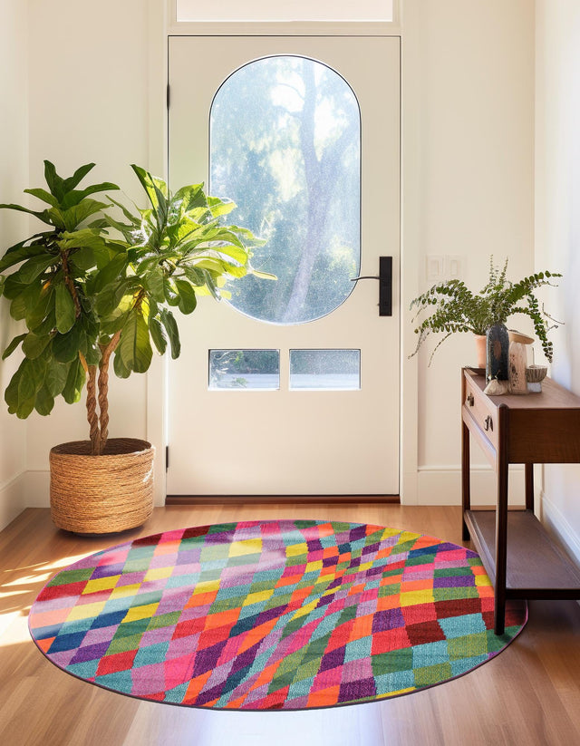 Multicolor 8' x 8' Estrella Round Area Rug 100% Polypropylene Non-Shedding Stain Resistant Carpet Colorful Modern Abstract Design Easy Clean for Home Decor for Sale at Rug Engine