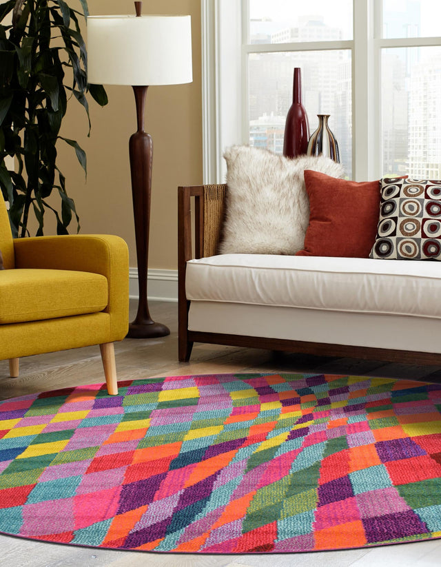Multicolor 8' x 8' Estrella Round Area Rug 100% Polypropylene Non-Shedding Stain Resistant Carpet Colorful Modern Abstract Design Easy Clean for Home Decor for Sale at Rug Engine