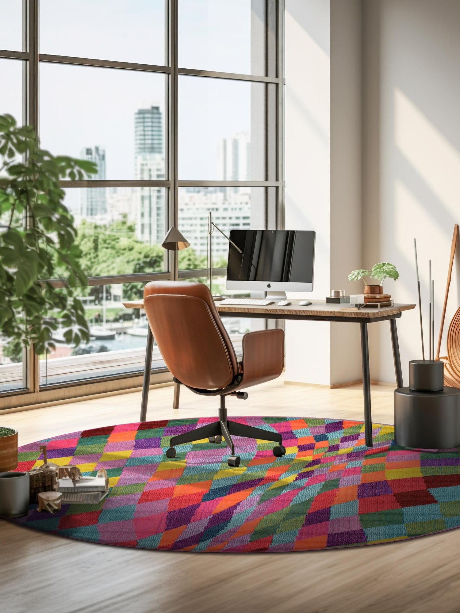 Multicolor 8' x 8' Estrella Round Area Rug 100% Polypropylene Non-Shedding Stain Resistant Carpet Colorful Modern Abstract Design Easy Clean for Home Decor for Sale at Rug Engine