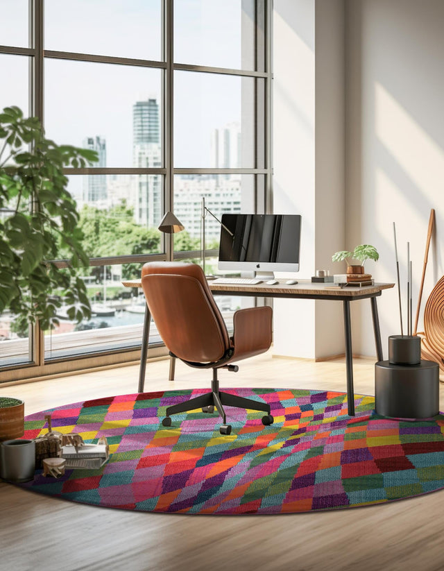 Multicolor 8' x 8' Estrella Round Area Rug 100% Polypropylene Non-Shedding Stain Resistant Carpet Colorful Modern Abstract Design Easy Clean for Home Decor for Sale at Rug Engine