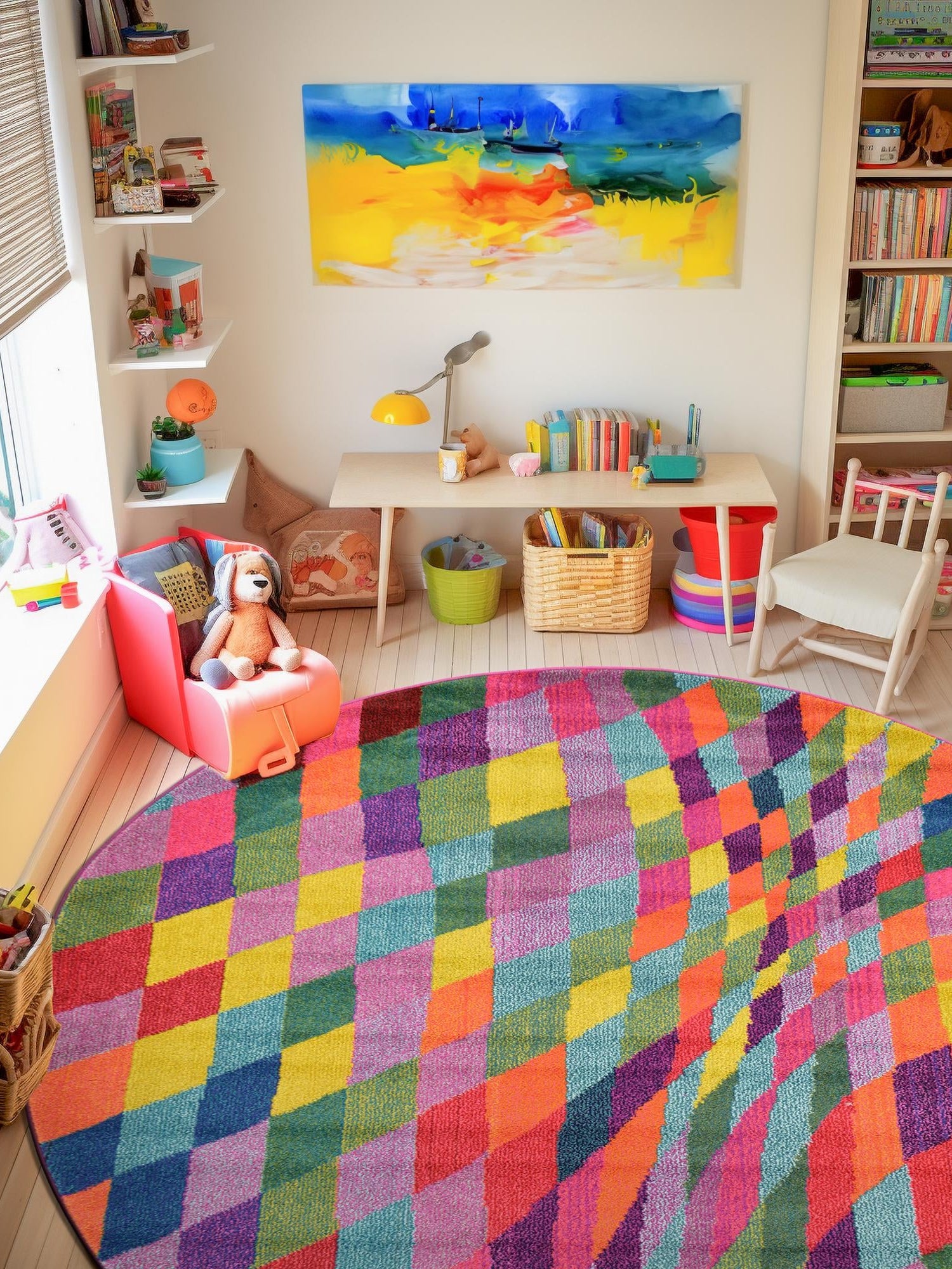 Multicolor 8' x 8' Estrella Round Area Rug 100% Polypropylene Non-Shedding Stain Resistant Carpet Colorful Modern Abstract Design Easy Clean for Home Decor for Sale at Rug Engine