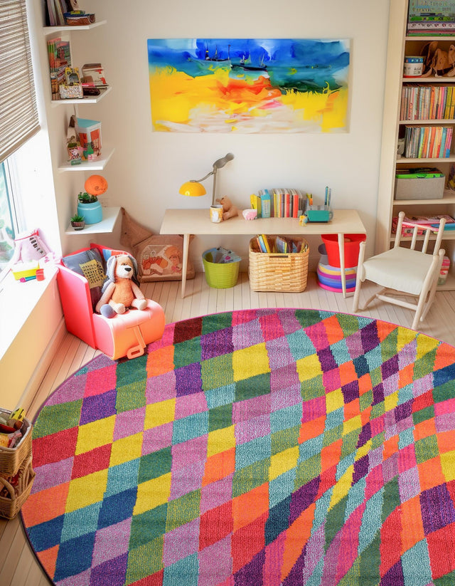Multicolor 8' x 8' Estrella Round Area Rug 100% Polypropylene Non-Shedding Stain Resistant Carpet Colorful Modern Abstract Design Easy Clean for Home Decor for Sale at Rug Engine