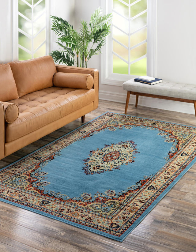 Light Blue 5' 3 x 8' Reza Rectangle Area Rug 100% Polypropylene Easy Clean Traditional Motif Classic Carpet for Home Interiors for Sale at Rug Engine