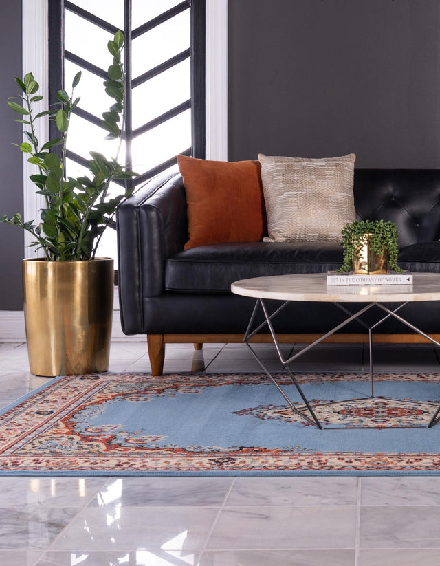 Light Blue 7' 1 x 10' Reza Rectangle Area Rug 100% Polypropylene Easy Clean Traditional Motif Classic Carpet for Home Interiors for Sale at Rug Engine
