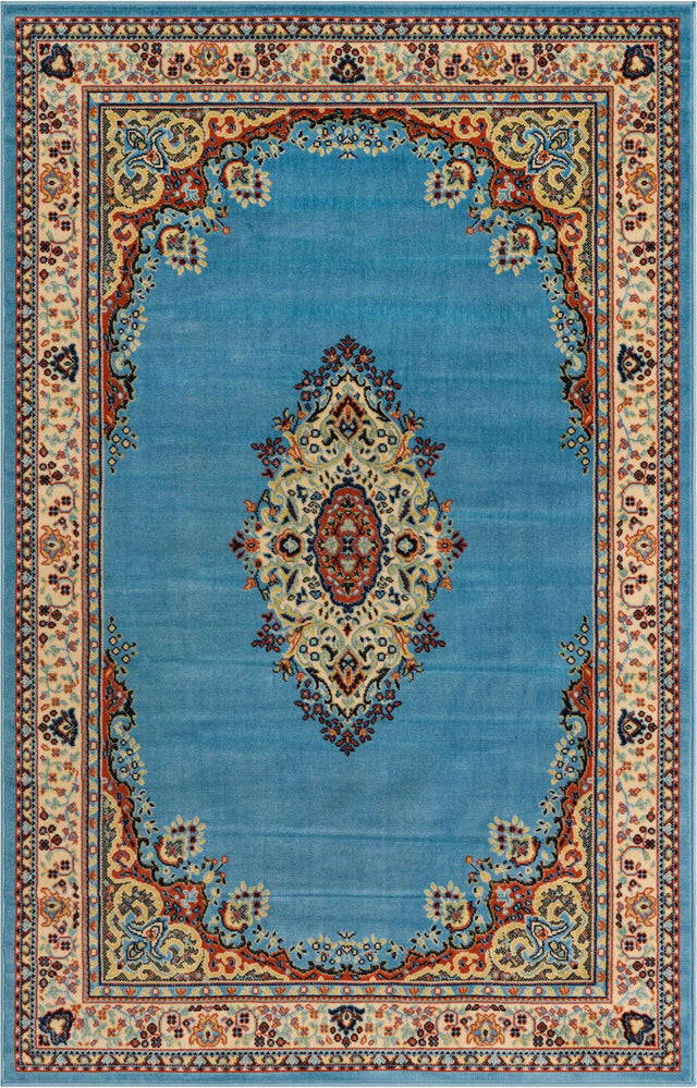 Light Blue 5' 3 x 8' Reza Rectangle Area Rug 100% Polypropylene Easy Clean Traditional Motif Classic Carpet for Home Interiors for Sale at Rug Engine