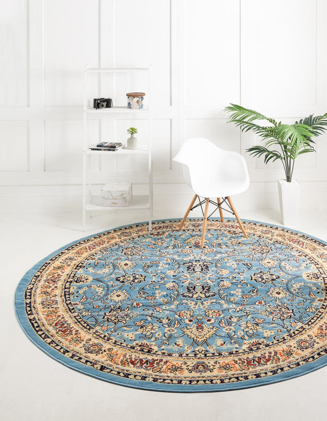 Light Blue 7' 10 x 7' 10 Sialk Hill Round Area Rug 100% Polypropylene Durable Easy Clean Classic Traditional Design Carpet for Interior Design for Sale at Rug Engine
